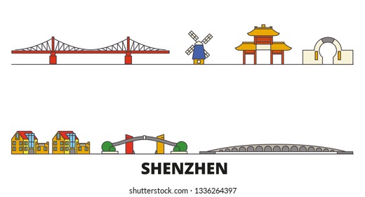China, Shenzhen flat landmarks vector illustration. China, Shenzhen line city with famous travel sights, skyline, design. 