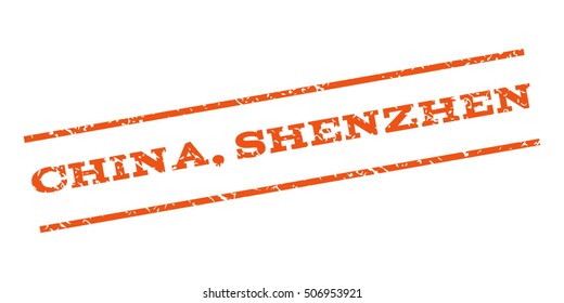 China Shenzhen watermark stamp. Text tag between parallel lines with grunge design style. Rubber seal stamp with unclean texture. Vector orange color ink imprint on a white background.