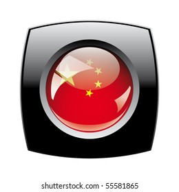 China shiny button flag with black frame -  vector illustration. Isolated abstract object against white background.