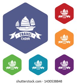China ship icons vector colorful hexahedron set collection isolated on white
