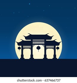 China silhouette of attraction. Travel banner with moon on the night background. Trip to country. Travelling illustration