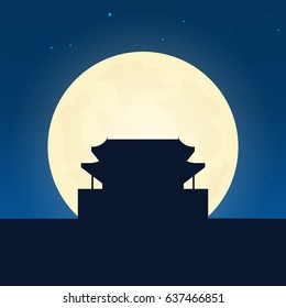China silhouette of attraction. Travel banner with moon on the night background. Trip to country. Travelling illustration