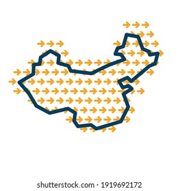 China simple outline map with yellow direction guide arrows.