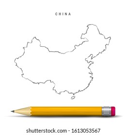 China sketch outline map isolated on white background. Empty hand drawn vector map of China. Realistic 3D pencil with soft shadow.