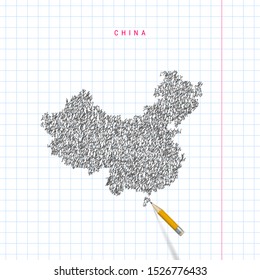 China sketch scribble map drawn on checkered school notebook paper background. Hand drawn vector map of China. Realistic 3D pencil with rubber.