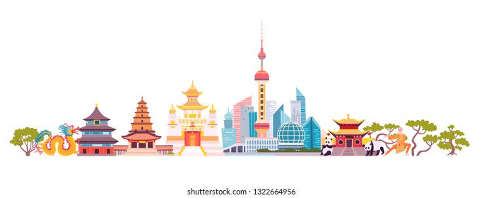 China skyline colorful background. Famous China building. China hand drawn vector illustration. Chinese travel landmarks/attraction. Vector illustration isolated on white background - Shutterstock ID 1322664956