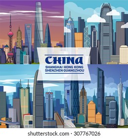 China skyline . flat vector illustration . Hong Kong , Shanghai ,Shenzhen