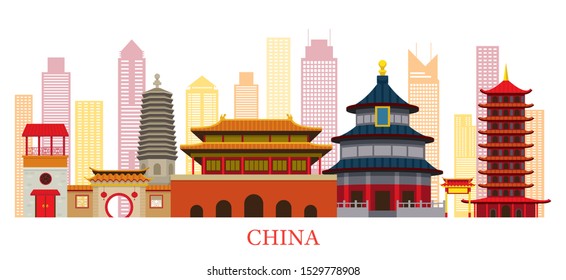 China Skyline Landmarks in Flat Style, Famous Place and Historical Buildings, Travel and Tourist Attraction