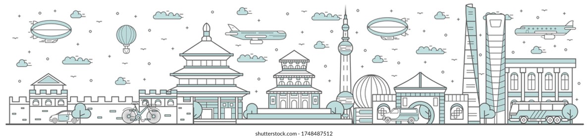 China skyline. Line cityscape with traditional building landmarks horizontal panorama. China skyline with street city sights and Great Wall of China. City constructions outline, architecture concept