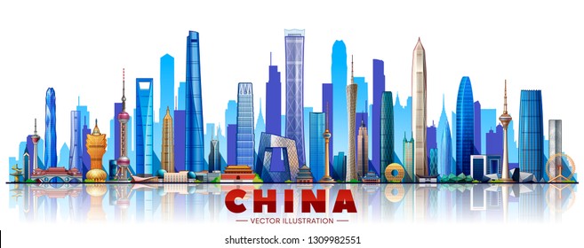 China skyline skyline with panorama in white background. Vector Illustration. Business travel and tourism concept with modern buildings. Image for banner or web site.