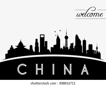 China Skyline Silhouette Black And White Design, Vector Illustration