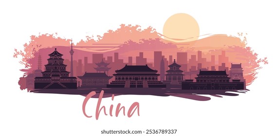 Horizonte de China al atardecer, los edificios son detallados, movibles y completos