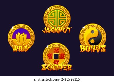 China slots icons-Wild, jackpot, bonus, and scatter. Chinese lucky coins. Vector symbols for 2D Games and Casino or Slots.