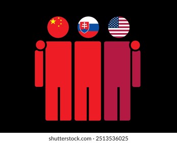 China, Slovakia, and USA National Flags With Embracing Body. Vector Illustration. Isolated background.