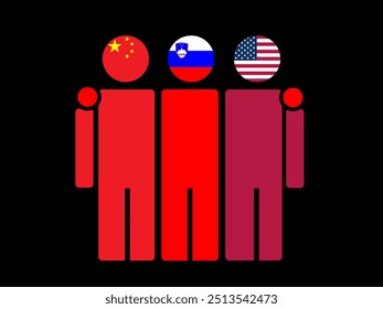 China, Slovenia, and USA National Flags With Embracing Body. Vector Illustration. Isolated background.