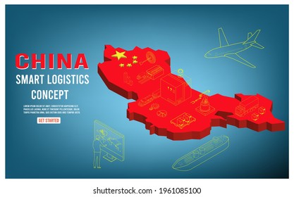 China smart logistic service isometric concept with export, import, robot, truck, warehouse business and transport. Vector illustration EPS10