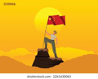 China Soldier on top of the mountain with the China flag. 
illustration of China Army soilder holding flag of China Happy Republic Day