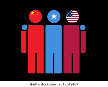 China, Somalia, and USA National Flags With Embracing Body. Vector Illustration. Isolated background.