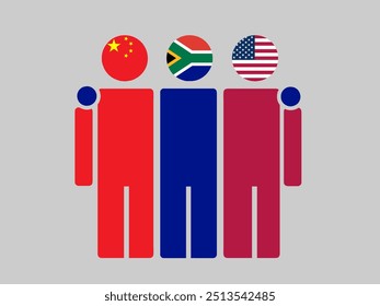 China, South Africa, and USA National Flags With Embracing Body. Vector Illustration. Isolated background.
