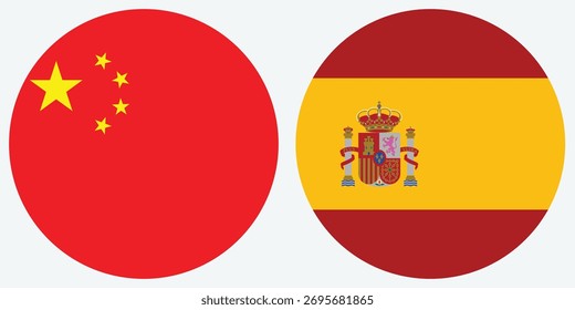 Vectores de bandera circular de China y España con el fondo gris 