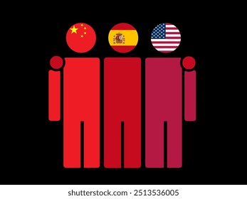 China, Spain, and USA National Flags With Embracing Body. Vector Illustration. Isolated background.
