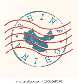 China Stamp Postal. Map Silhouette Seal. Passport Round Design. Vector Icon. Design Retro Travel.