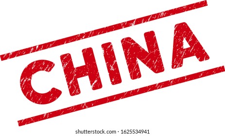 China stamp seal. Red vector grunge seal stamp with China title between parallel lines. Useful for watermarks with grunge rubber style.