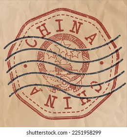 China Stamp Travel Passport. Design Retro Symbol Country. Old Vintage Postmark.
