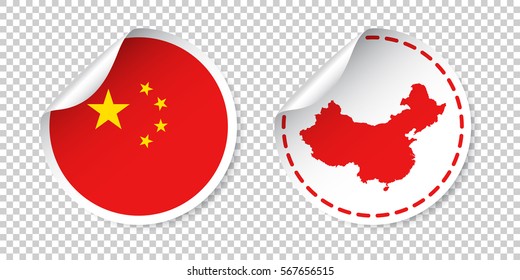 China sticker with flag and map. Label, round tag with country. Vector illustration on isolated background.