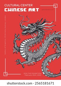 China style flyer design template. Chinese dragon hand-drawn vector illustration. NOT AI generated