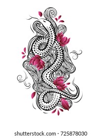 China style tattoo design with snake, flowers and waves