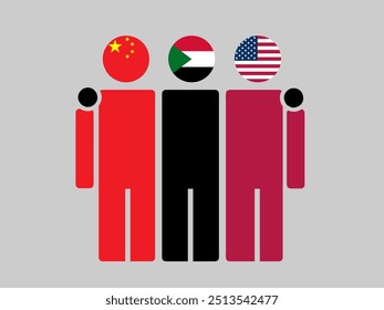 China, Sudan, and USA National Flags With Embracing Body. Vector Illustration. Isolated background.