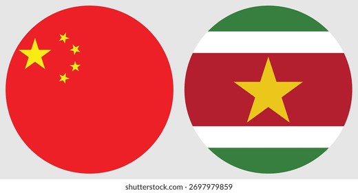 China y Surinam Vector de bandera circular e ilustración con fondo gris 