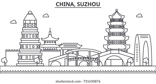 China, Suzhou architecture line skyline illustration. Linear vector cityscape with famous landmarks, city sights, design icons. Landscape wtih editable strokes