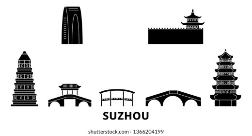 China, Suzhou flat travel skyline set. China, Suzhou black city vector illustration, symbol, travel sights, landmarks.