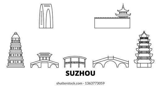 China, Suzhou line travel skyline set. China, Suzhou outline city vector illustration, symbol, travel sights, landmarks.