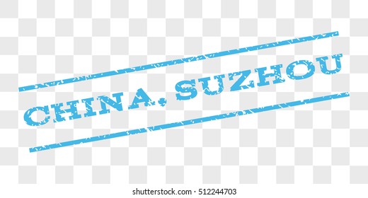 China, Suzhou watermark stamp. Text caption between parallel lines with grunge design style. Rubber seal stamp with unclean texture.