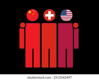 Banderas nacionales de China, Suiza y Estados Unidos con cuerpo abrazado. Ilustración vectorial. Fondo aislado.