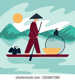 China symbol flat composition of landscape view with flat bottomed boat and standing man with paddle vector illustration