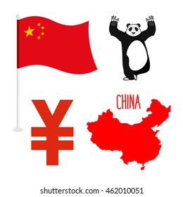 China Symbol Icons Set. Map And Flag Of Country. Sign Of National Currency Yen. Panda Bear Chinese Animal
