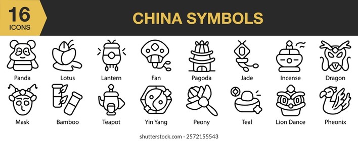 China Symbols icon set. Includes china, symbol, lunar, festival, oriental, zodiac, and More. Outline icons vector collection.