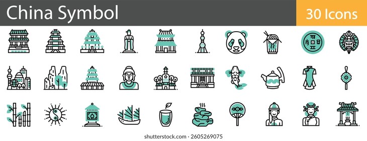 China Symbols Line Icons Collection. Chinese Culture, Tradition, Landmarks, and Heritage Outline Icons. Editable Stroke, Vector Illustration.
