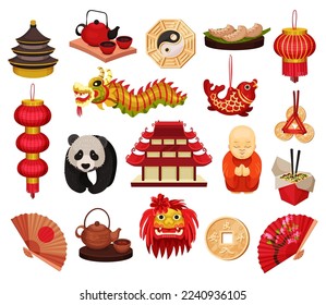 China symbols set. Travel attractions, traditional cultural objects. Pagoda building, lantern, panda bear, fun, tea ceremony objects cartoon vector illustration