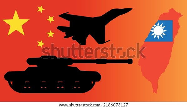 china and\
taiwan flag and military equipment silhouettes fighter jet and tank\
vector, partnership and conflict\
concept