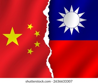China Taiwan flag paper torn. China political tensions. South Asia political conflict social media post or news visual. Taiwan vs China, politic and border problem. Usa China Taiwan war