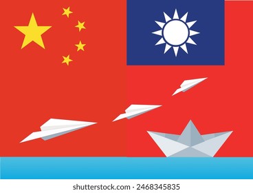 China and Taiwan flags background with paper planes and ship, conflict concept