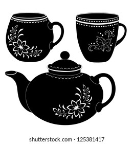 China teapot and cups with a floral pattern, black contour on white background. Vector