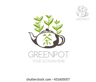 China teapot with green leaves and hieroglyph. Vector logo template. Translation: tea