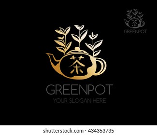China teapot with leaves and hieroglyph. Vector logo template. Translation: tea