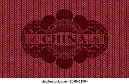 China text inside Red woolen fabric emblem. Cloth exquisite background. Illustration. 